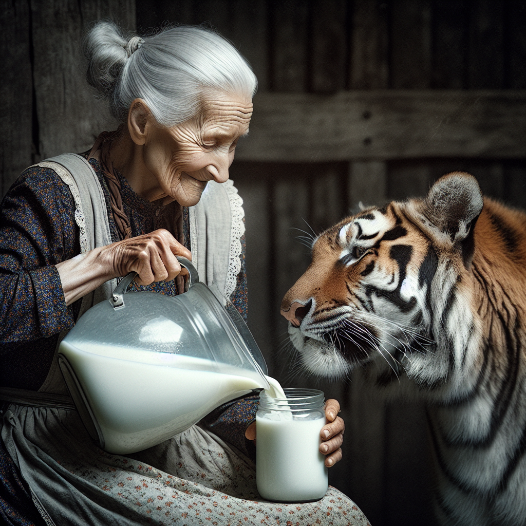 An elderly Western woman, with her hair tied up in a ponytail, is seen wearing a homely apron. In her hand, she firmly grips a long-handled pot filled to the brim with fresh milk. With a kind and gentle demeanour, she extends the pot towards a placid tiger. The tiger, seemingly at ease in her company, laps up the milk from the pot contentedly. The moment encapsulates the warm, touching sight of harmony and mutual trust shared between the elderly woman and the wild tiger.