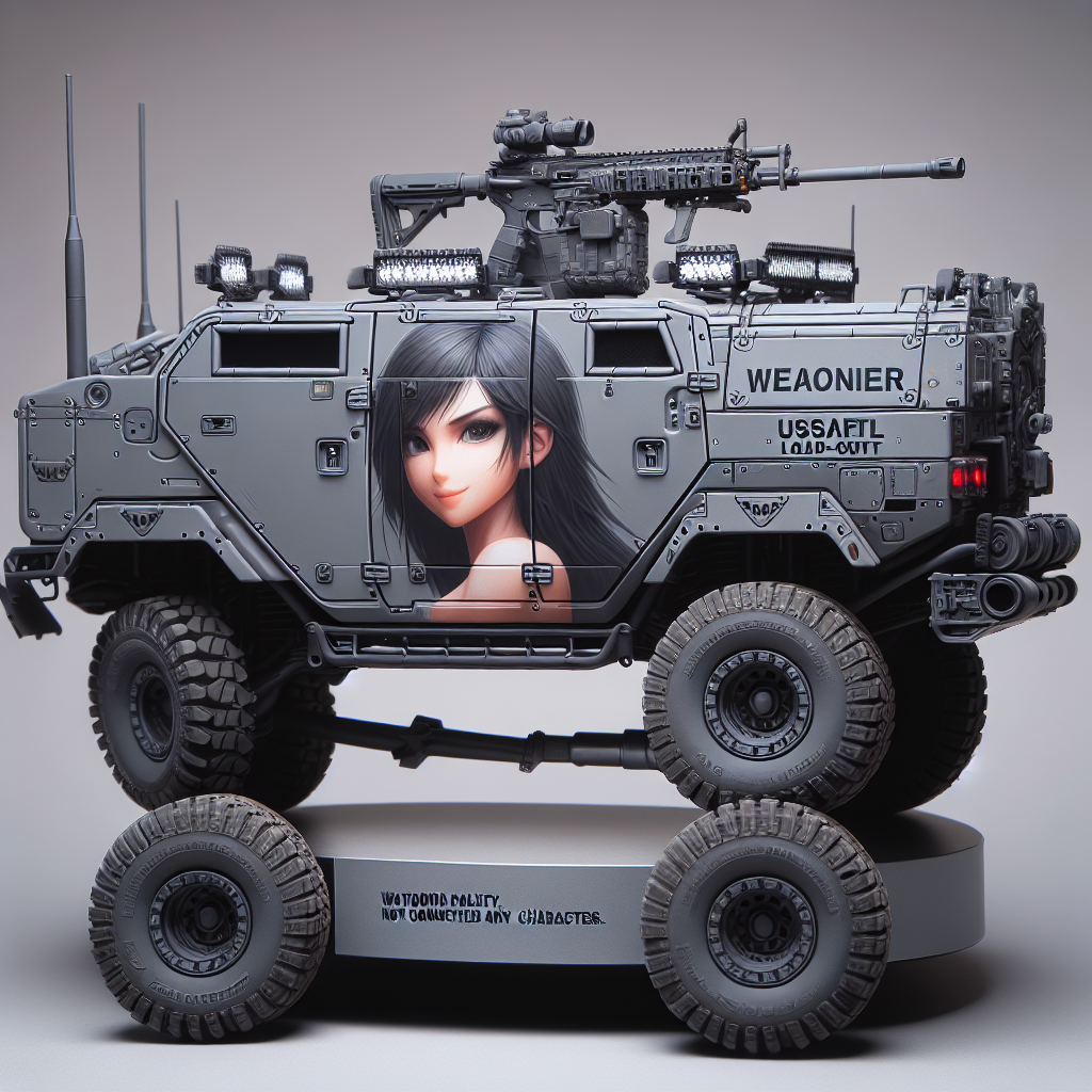 A concept model of an off-road vehicle with four wheels, matrix headlights, in a matte grey finish. The vehicle is equipped with weaponry load-out capabilities. Additionally, it has a painting of an attractive, fictional, animated young woman, not connected to any copyrighted characters, embellishing its exterior.