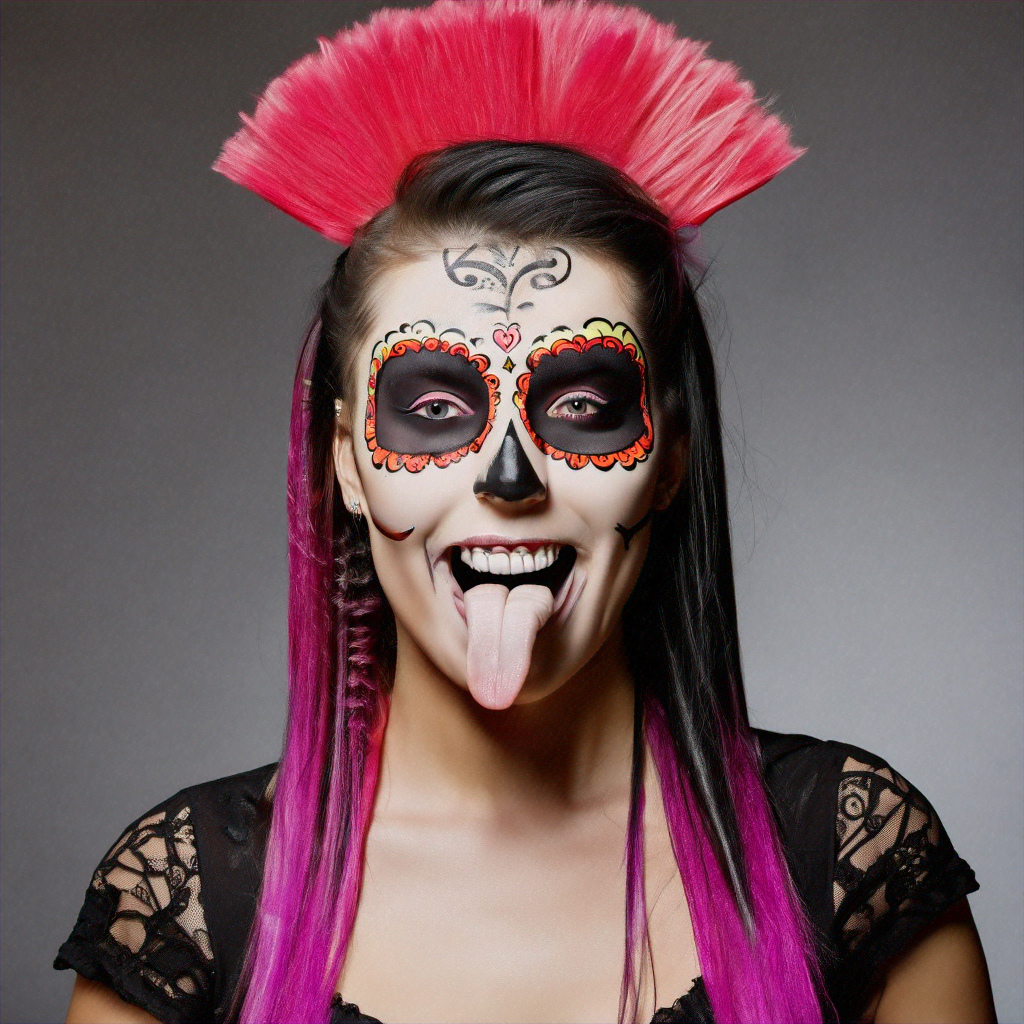 gorgeous sugar skull girl with mohawk and tongue out