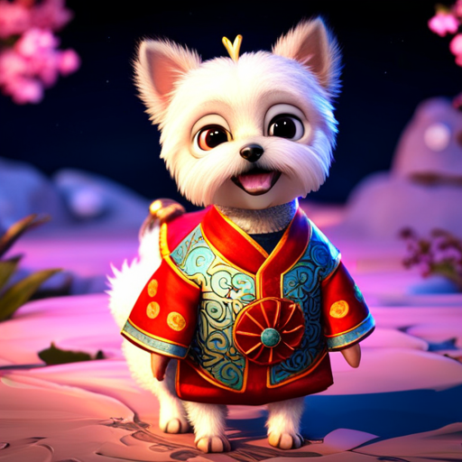/ A little white dog in a soft Chinese Tang Dynasty Chinese costume, super cute, cinematic lighting, intricate filigree design, Pixar style, anthropomorphic, holding a pink lantern, big eyes, smile, peach blossom, flow, charming, immortal, fluffy, shiny bristles, ptals, fairy tale, unreal engine 5 and octane rendering, incredibly detailed, 4K, trending in art station, gorgeous, Super wide angle, 4K --ar 10:16 --test --video --upbeta --upbeta