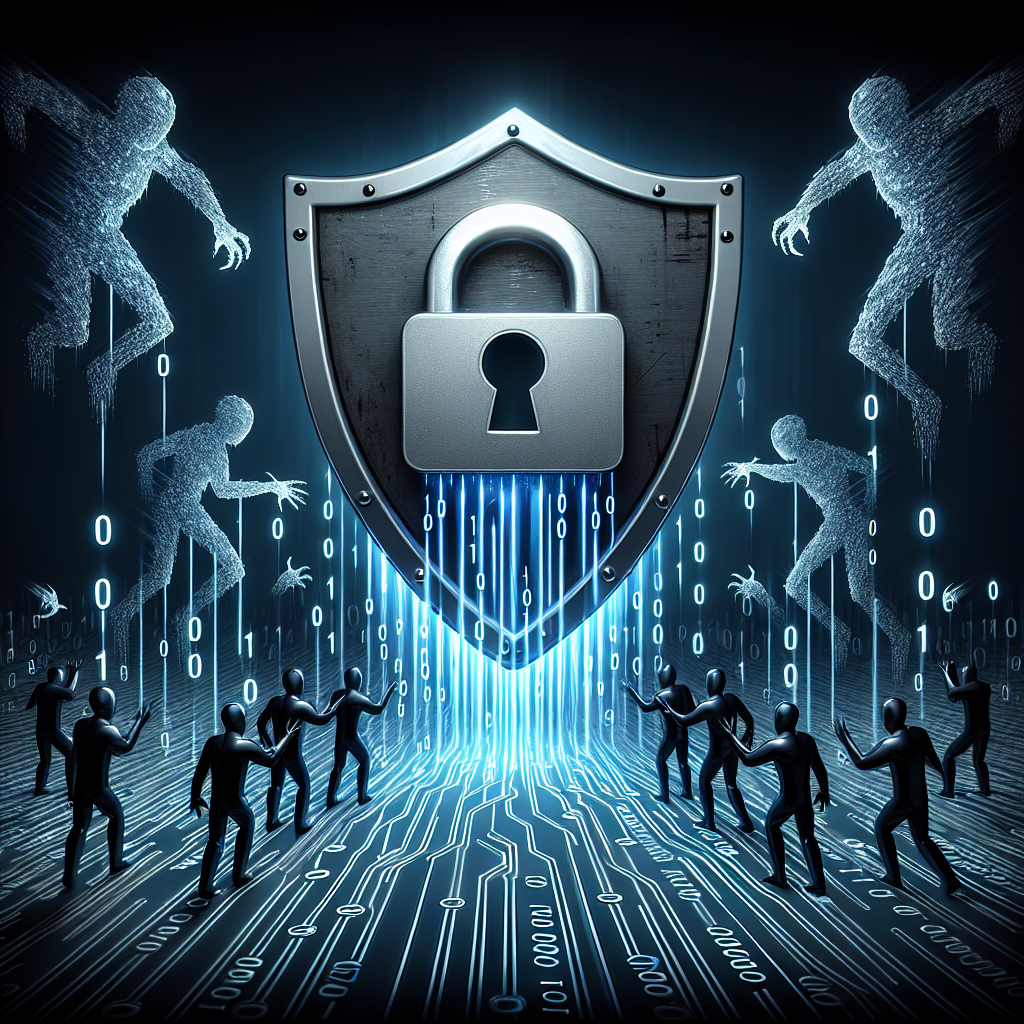 An illustration of data security concept where a metallic shield with the symbol of a lock in the center protects a stream of information, represented as lines of binary code (1s and 0s) against threats represented by menacing dark figures with outstretched hands, trying to breach the shield.