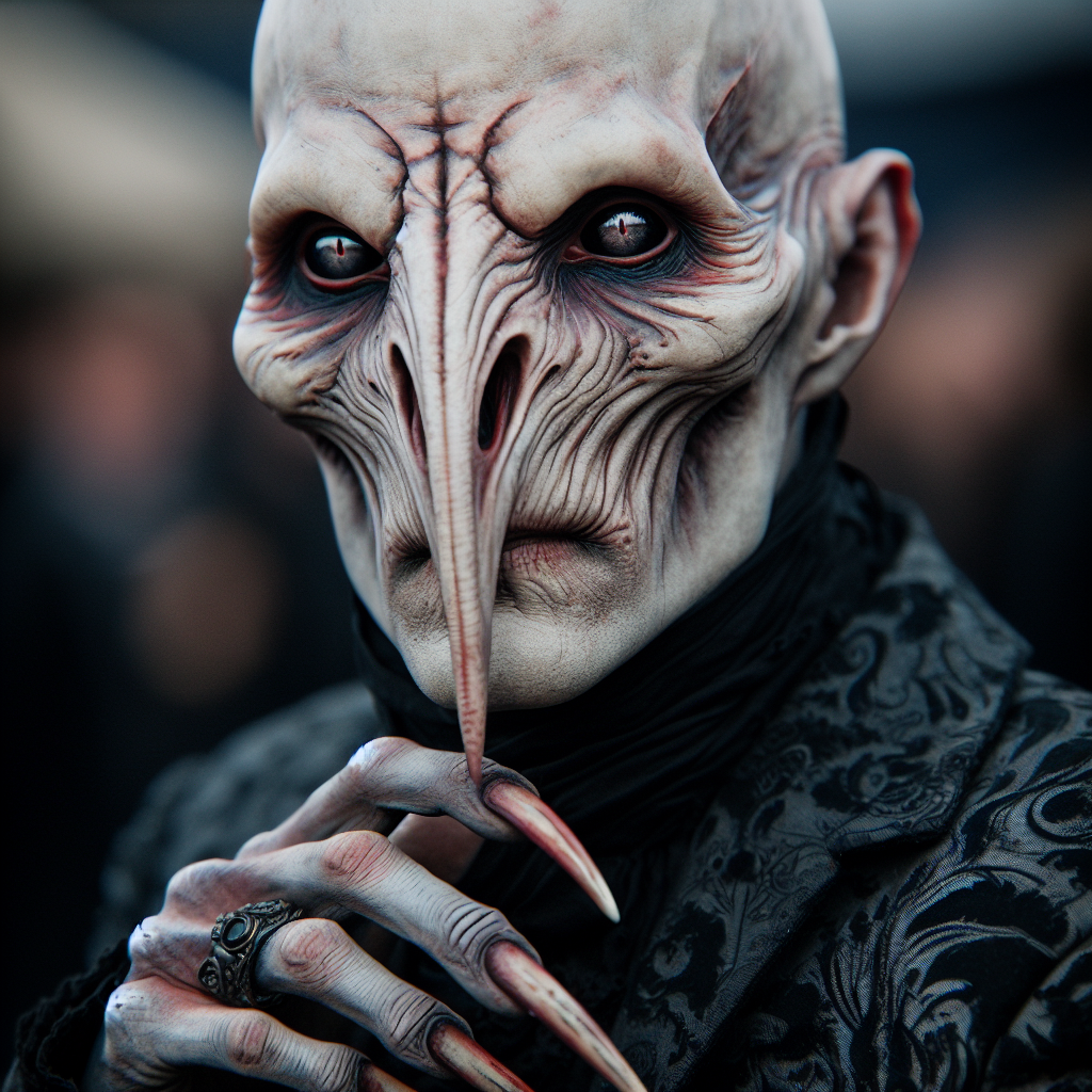 A being with a very pronounced and rough character. He has extremely pale skin and his eye color is a striking shade of red. His nose is not like any normal human one; it is slit-like, much like a snake's. His fingers are unusually long and his clothes are uniquely dark and elaborate. Being bald and with no eyebrows, his face has a skull-like appearance. All these features make him distinctly terrifying and certainly not a character to be underestimated.
