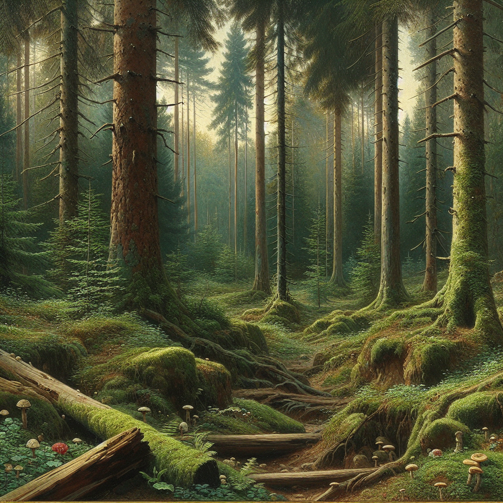 Create a realistic painting of a scene in Russia's pristine forest as depicted in Ivan Turgenev's 'A Hunter's Sketches'. Capture the dense canopy of towering trees, the understory teeming with wildlife, and the forest floor speckled with sundry mushrooms and mosses. Present this natural spectacle with the brushstrokes characteristic of late 19th-century realist art like Ivan Shishkin.