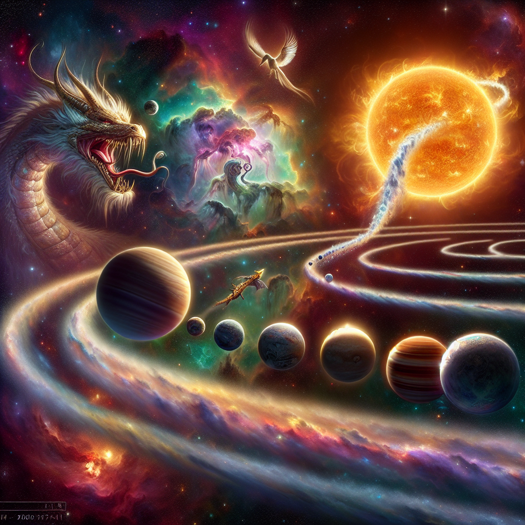 The sun, trailing a comet-like tail, travels through the cosmos. Eight planets spiral around it, following its path. In the background, phantom images of a sleeping dragon and a young phoenix can be observed. Further into the depths of space, a stunning nebula provides a colorful spectacle.