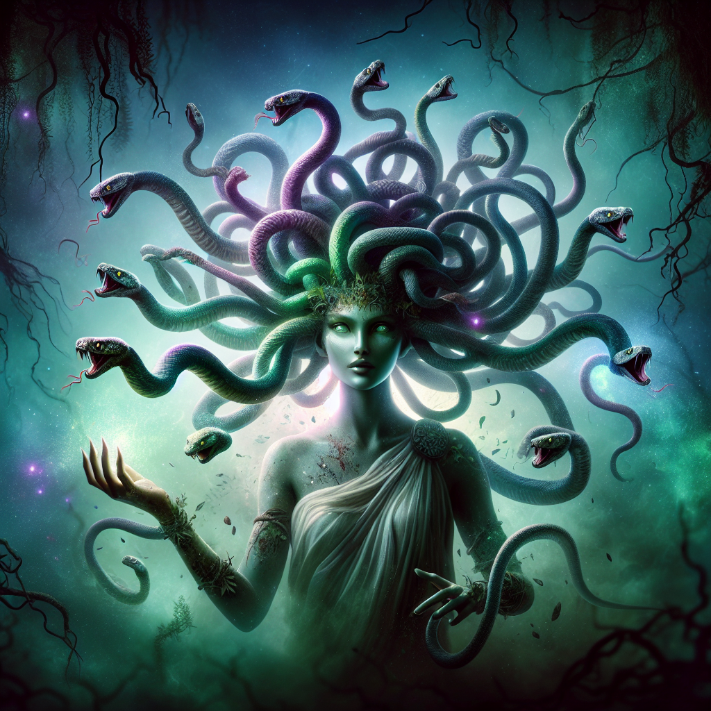 Illustrate the greek mythological creature called Medusa. Depict her as a woman with hair composed of living, venomous serpents in an eerie setting, showcasing a captivating yet dangerous aura.
