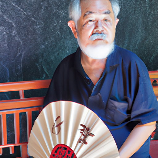 A Chinese old man with white beard sitting with fan in right hand.