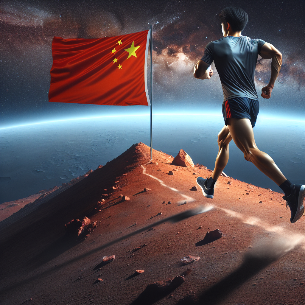 A well-toned young man of Chinese descent, wearing athletic shorts and a T-shirt, is running on the peak of a Martian mountain. A Chinese red flag is planted at the summit, which is marked with the number 998. The image showcases his passionately running figure from a rear view perspective. In the background, the deep blue Earth and the starry sky can be seen.
