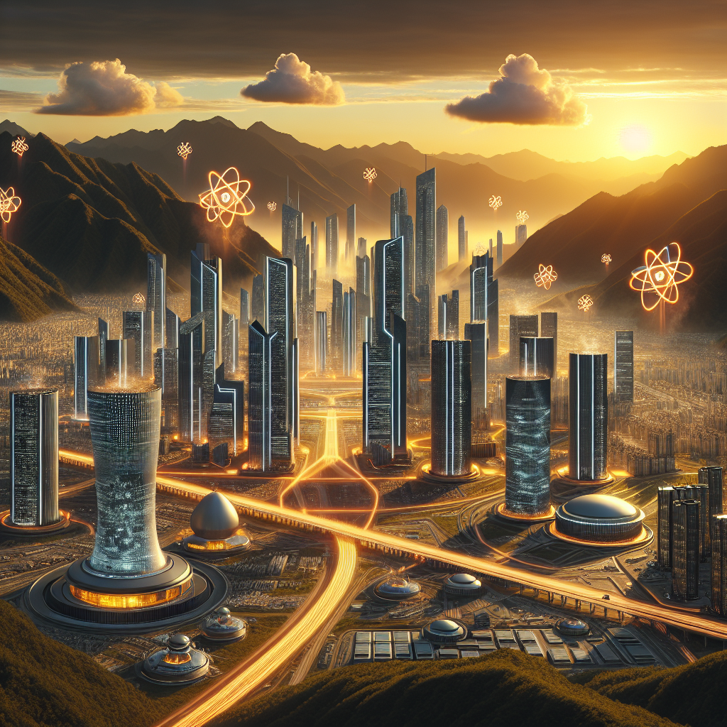 Imagine an ultra-modern city powered by nuclear energy. The city is nestled amidst a high mountain range which casts long fascinating shadows at sunset. The buildings are towering skyscrapers with a futuristic design, branding symbols of nuclear power like atomic structures. The structures are illuminated brightly in contrast to the dark surroundings, emitting a warm, almost radioactive glow. Advanced transportation options including fast-moving trains and flying vehicles dot the cityscape, with power lines that crisscross overhead, carrying energy from the nuclear power plants to the city. A surreal harmony of pristine nature and high-end technology.