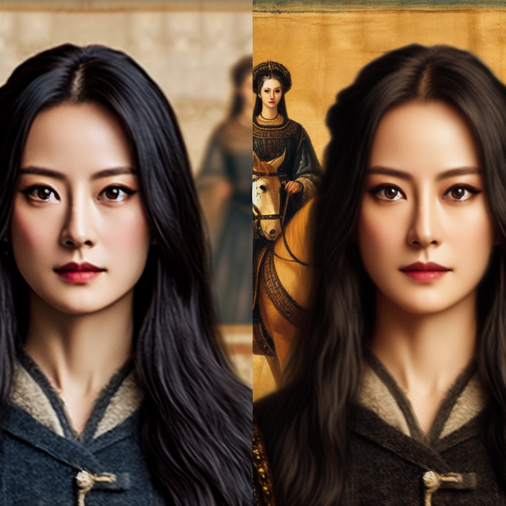 Generate an image of a popular female Asian actress, with features resembling a famous Chinese actress, situated in a Middle Ages European setting. The actress should have long, black hair and be dressed in typical medieval European attire.