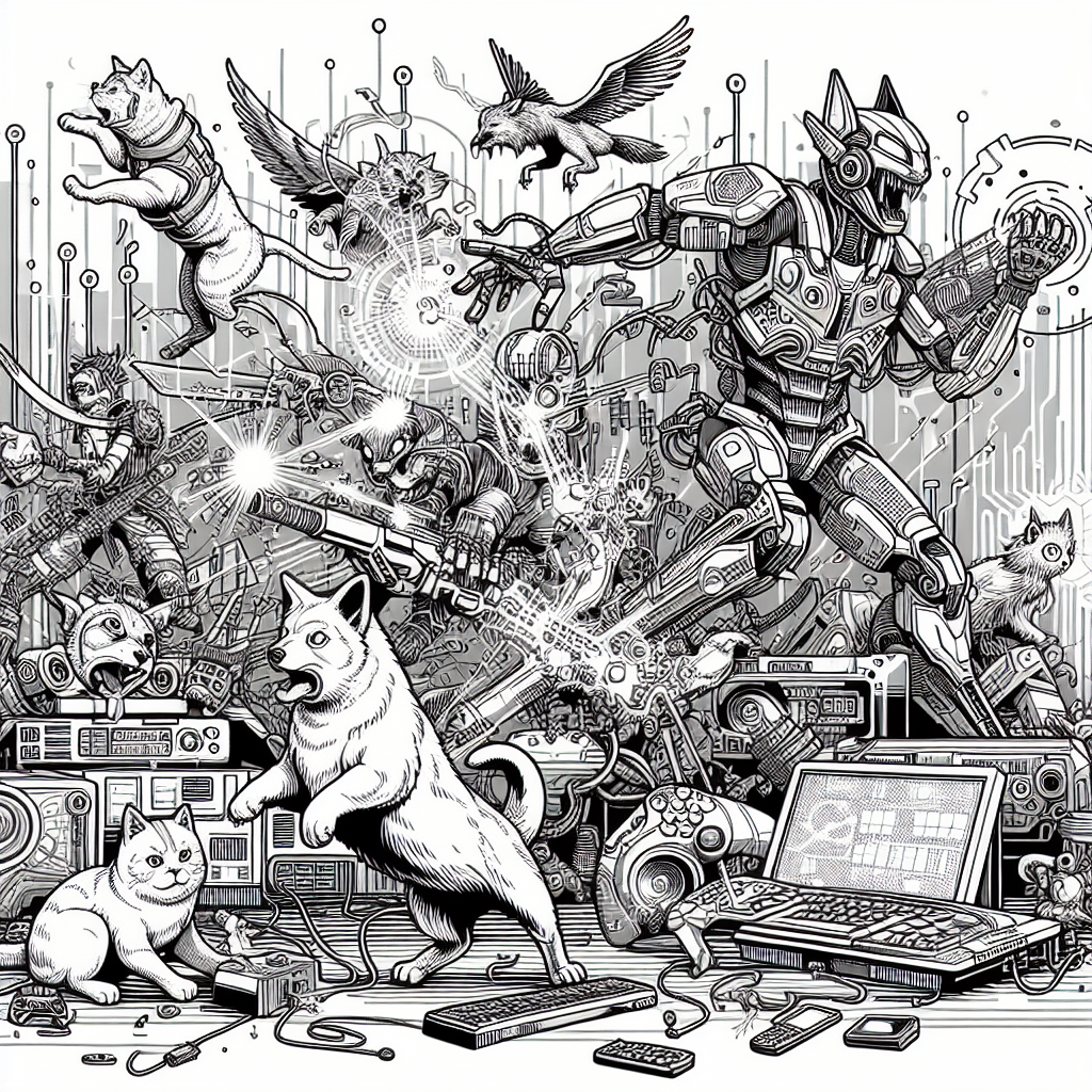 A techno-cartoon scene depicting a dynamic battle between cats and dogs, all drawn in detailed line art.