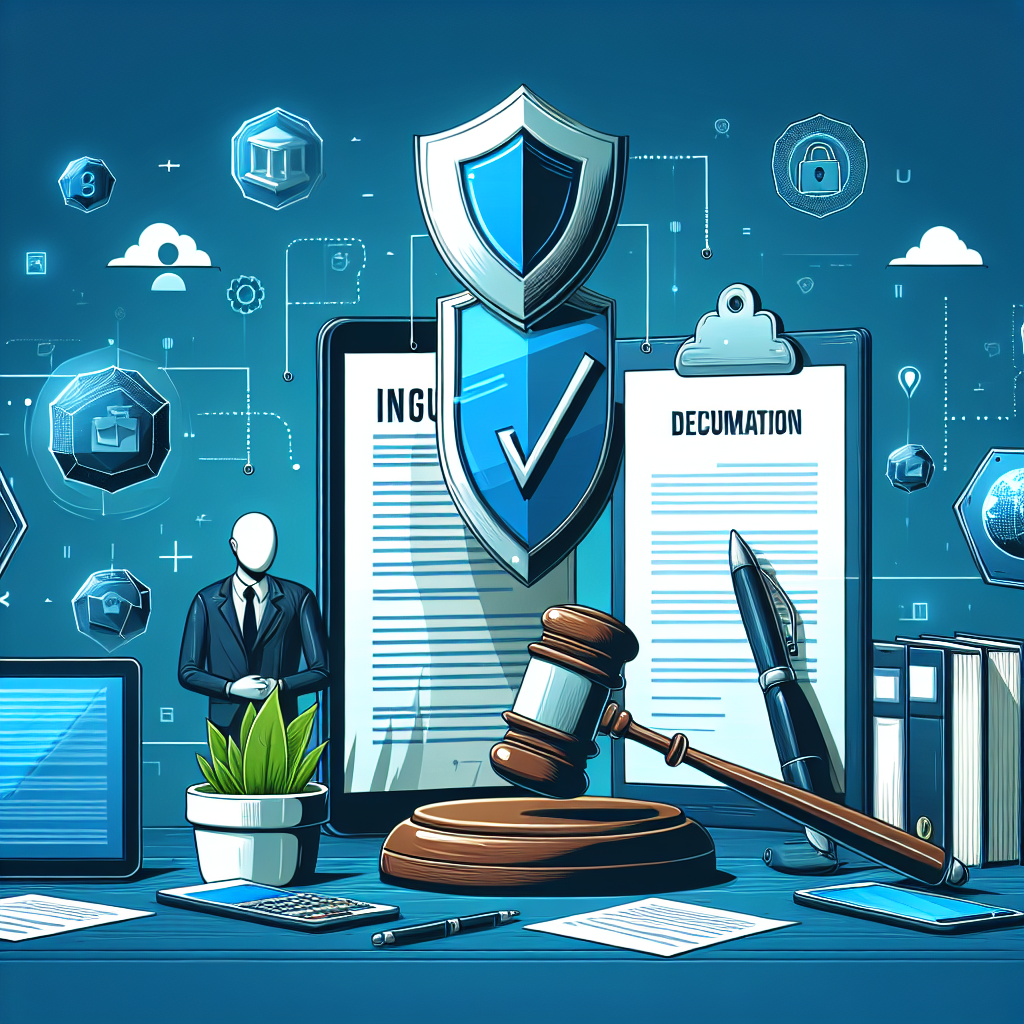 Illustrate an insurance company providing legal services to a technology company, helping it to decrease risk. The scene should not contain any people, but rather essential tools such as documentation, a gavel representing legal matters, a shield symbolizing insurance, and high-tech devices that represent the technology company. The overall atmosphere of the image should communicate a sense of assurance and professionalism.