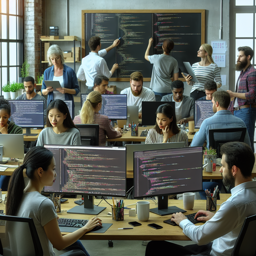 Generate an image depicting a scene where everyone is a programmer. In the foreground, there are two people: an Asian woman and a Middle Eastern man. They are sitting at their desks, working on multiple computer screens filled with code. In the background, a group of programmers of various descents – a Caucasian woman, a Hispanic man, a Black woman, and a South Asian man – are having a stand-up meeting around a whiteboard. The room is filled with the buzz of conversations, the clicking of keyboards, and the hum of computers.