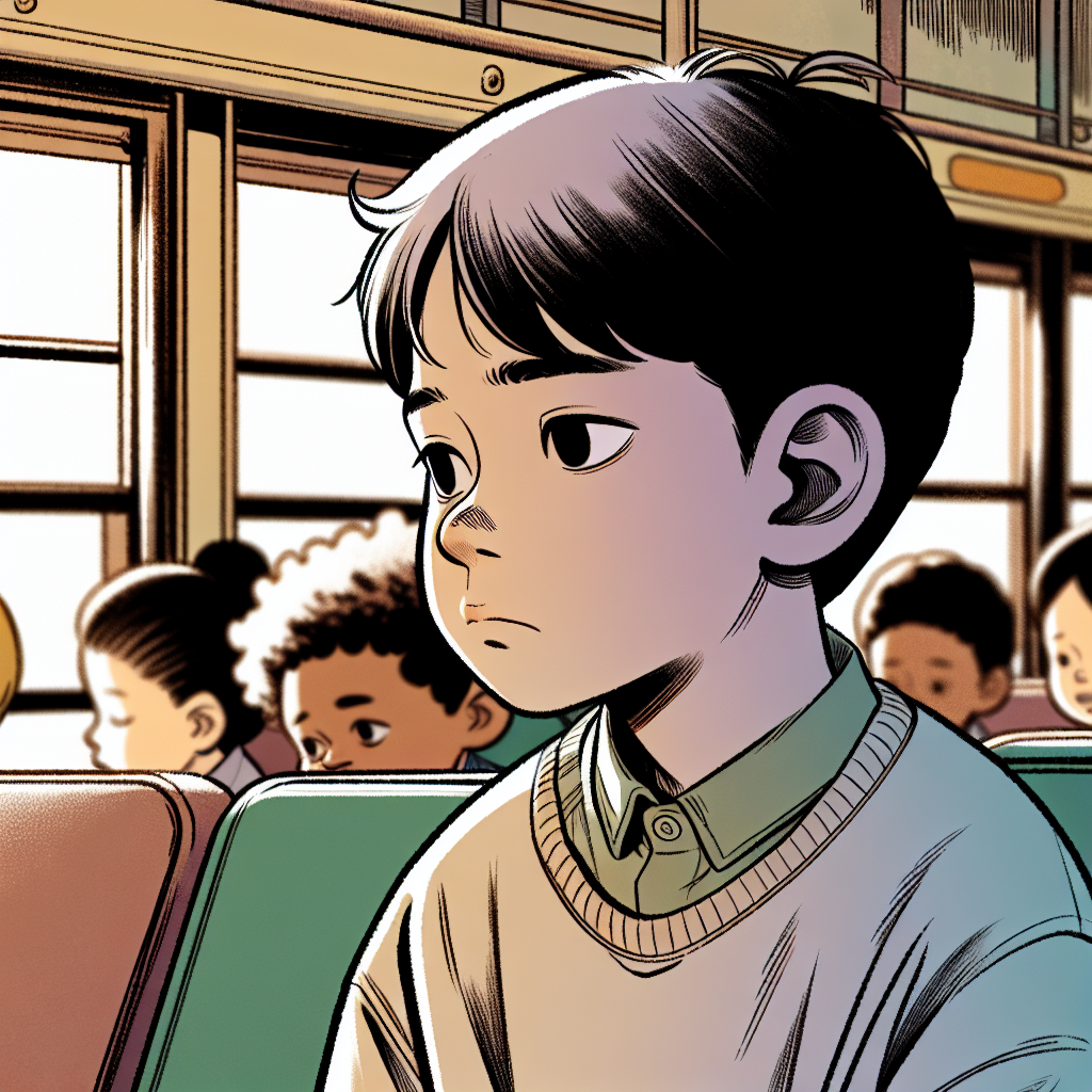 Illustrate a comics-inspired scene of a 6-year-old boy with short hair and  black