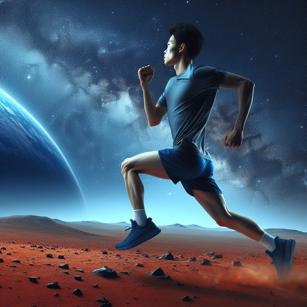 A young Chinese man with a perfect silhouette, dressed in athletic shorts and a T-shirt, is running on Mars. The image depicts an impassioned rear view of him mid-run. In the background, the deep blue Earth and a star-filled sky are visible.