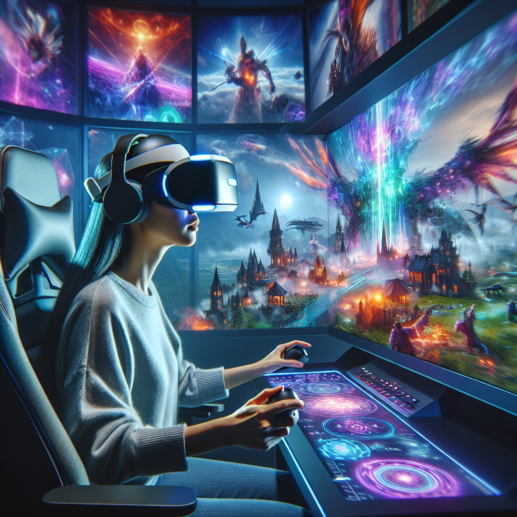 An individual engrossed in a cutting-edge, full-immersion virtual reality system displaying an expansive, thrilling gaming world. The individual, of South Asian descent and female, is seated in a modern gaming chair complete with surround sound speakers and advanced haptic feedback mechanisms. She's wearing a state-of-the-art VR headset that emits vibrant, multi-colored light patterns and holographic projections that enhance the gaming experience. The virtual environment in the headset is depicted as a holographic projection in action, showcasing a scenic fantasy world featuring dragons, majestic castles, and mythical creatures. Her expression is one of complete awe and intense involvement.