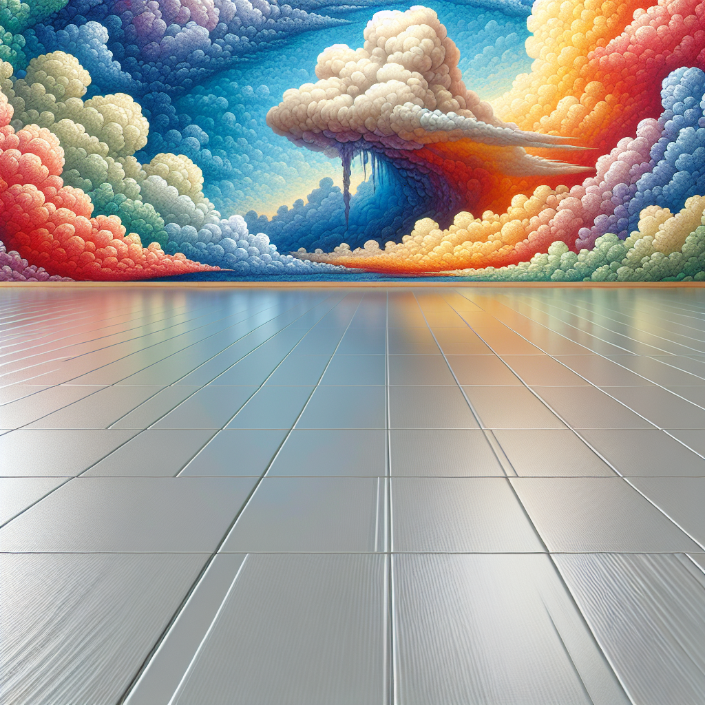 An image of a cloud formation in a realistic style that forms the word 'ChangLong'. The background is filled with multi-coloured clouds providing a vibrant backdrop. In the foreground, there is a detailed depiction of a smooth PVC flooring, reflecting the colorful clouds above it.