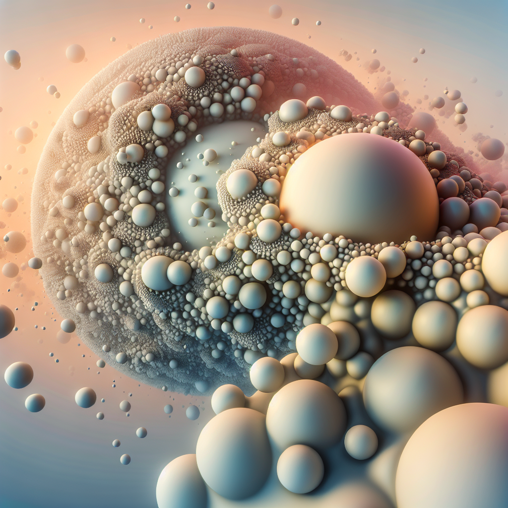 Illustrate a surreal scene where a large sphere surfaces with numerous smaller spheres partially emerging from its surface.