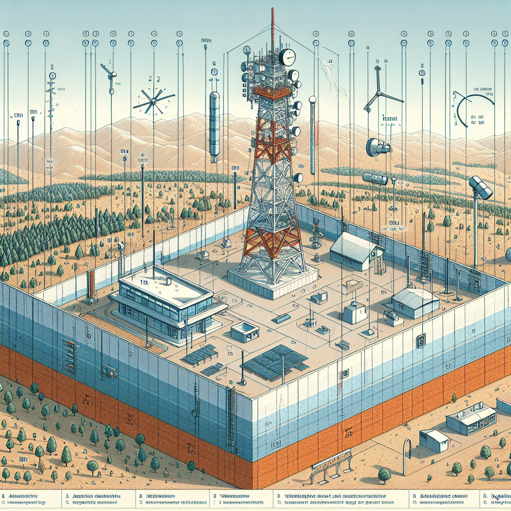 Create an illustration of the layout of a meteorological observation field. The design should carefully consider the placement of various weather observation instruments to ensure the accuracy and comprehensiveness of the observed data. The meteorological tower, measuring 30m in height, should be situated in center with various instruments installed at different heights. At the top of the tower, place an anemometer for measuring wind speed and direction. Thermometers and hygrometers are scattered at different heights on the tower to obtain vertical temperature and humidity distribution. A rain gauge should be installed on the ground, distant from any structures or trees. Near the tower, place a barometer which should not be affected by building interference. A radiometer is installed on an open ground with no obstructions. Lightning detectors are placed around the observation field for all-direction monitoring. The data center is located in one corner of the field, responsible for data processing and storage.