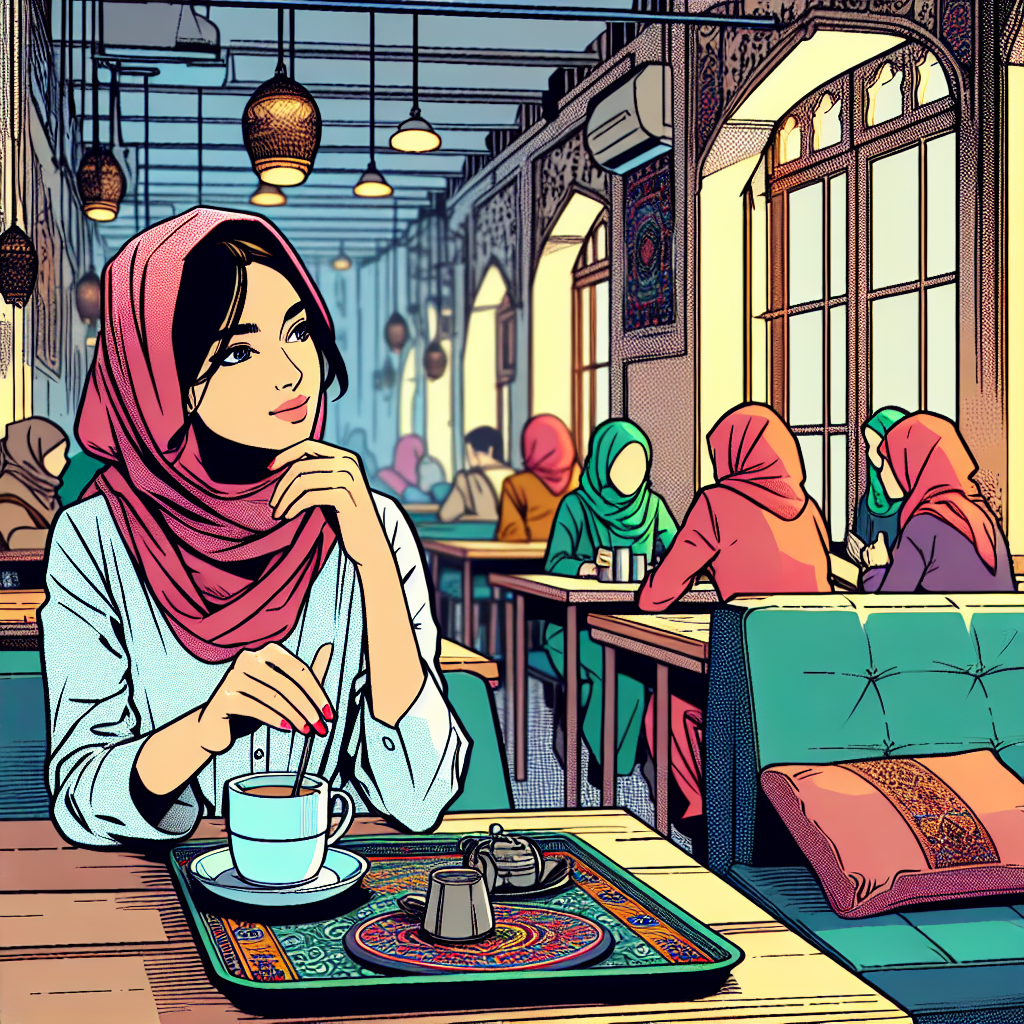 Create a highly detailed graphic novel-style illustration of a Middle-Eastern girl sitting in a cafe. The image should be vibrant and colored, utilizing a 2D minimalistic comic art style.