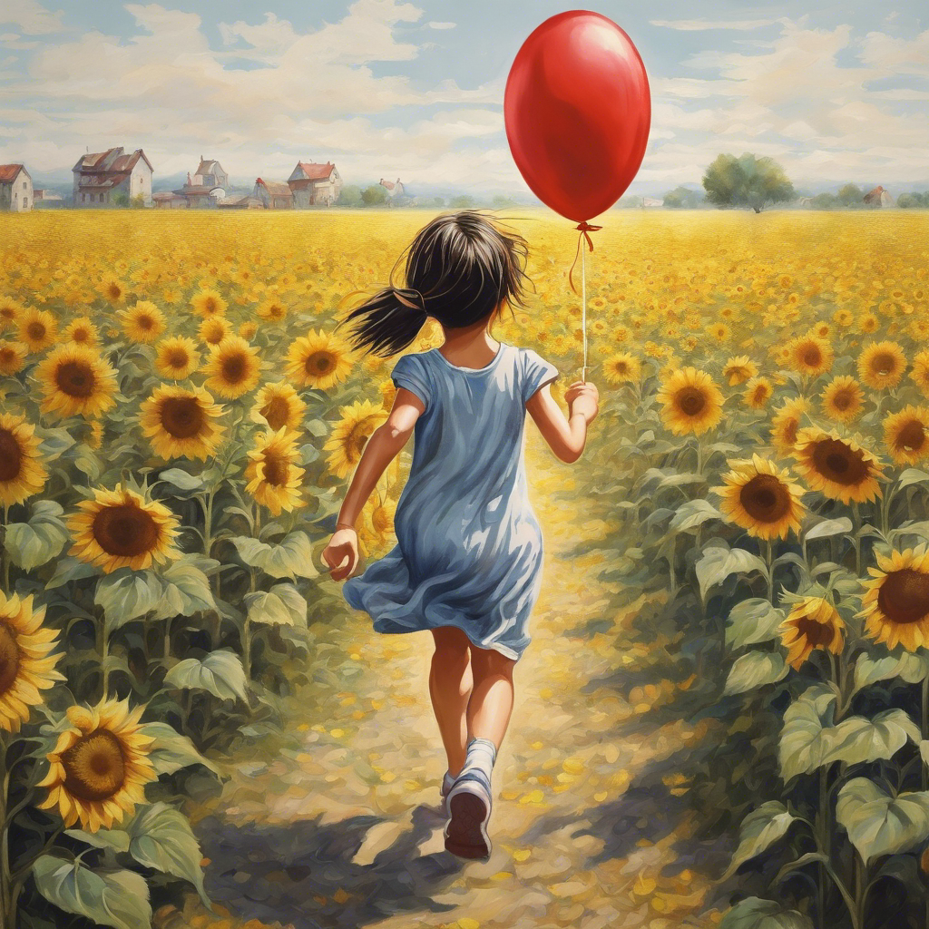 Draw a 40x40cm picture with 2cm of blank space around it: a picture of a little girl running with a love balloon with a field of sunflowers behind it. It says "心理健康" on the back.
