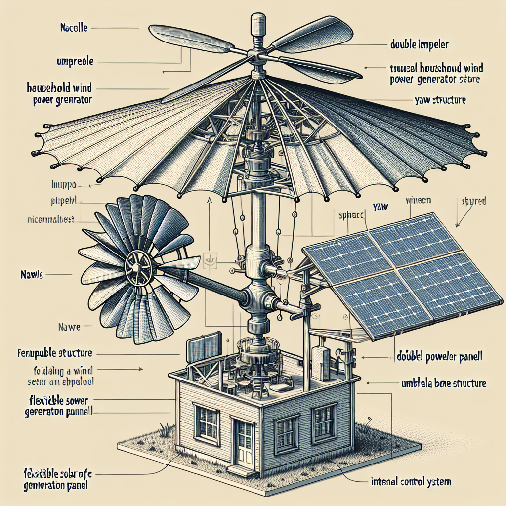 Create an image featuring a CAD product structure drawing of a unique house wind and solar power generator. The overall structure is a blend of the traditional household wind generator and an umbrella structure, split into various parts including a double impeller, nacelle, yaw structure, flexible solar power generation panel, umbrella bone structure, telescopic column, and an internal control system. The structure has two main sections, with the upper section boasting a wind turbine generator mechanism further enhanced by an extra set of impellers forming a double impeller structure connected via the shaft. The lower half is shaped like an umbrella with a telescopic supporting column, allowing the top nacelle to elevate automatically. The 'umbrella bone' structure is at the mid and upper section of the telescopic column, with a flexible solar panel added on the umbrella's surface.