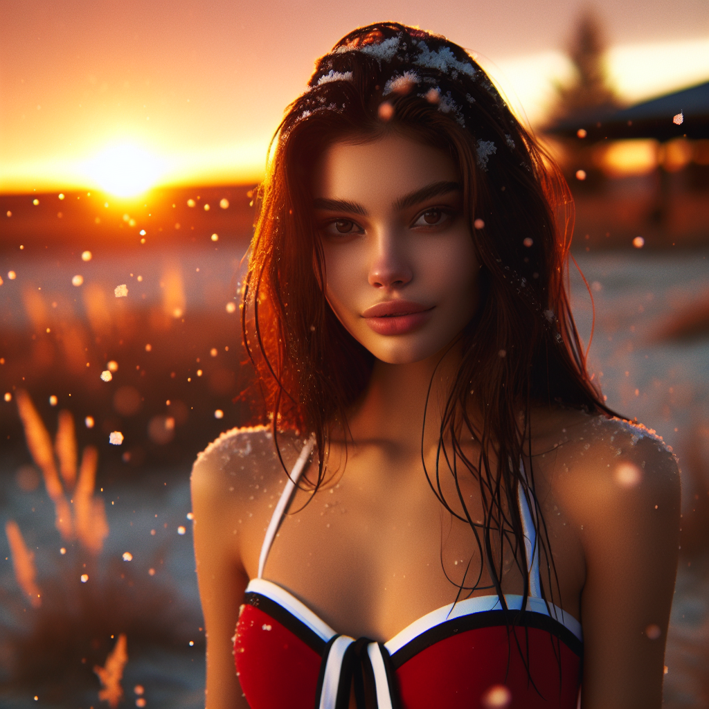 A bikini-clad young girl under the evening sunset with light snow falling around her