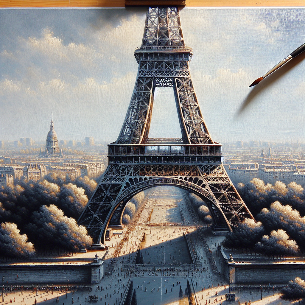 A detailed oil painting of the Eiffel Tower. The iconic French structure stands majestic during the day under a clear sky. Its iron lattice work, standing tall, casts a long shadow over the surrounding landscape. Be sure to capture the intricate balance of light and shadow. The surrounding area is bustling with people of all descents and genders, giving life to the scene. Nearby trees sway gently with the wind, adding a touch of green to the painting