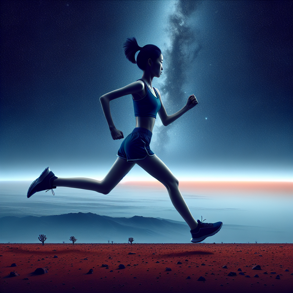 A tall Chinese girl with short hair, dressed in athletic wear, runs along the horizon of Mars. Her running motion should convey passion and a sense of activity. The image should capture only the girl's silhouette from behind. The background of the picture should depict a deep blue Earth and the profound starry sky.
