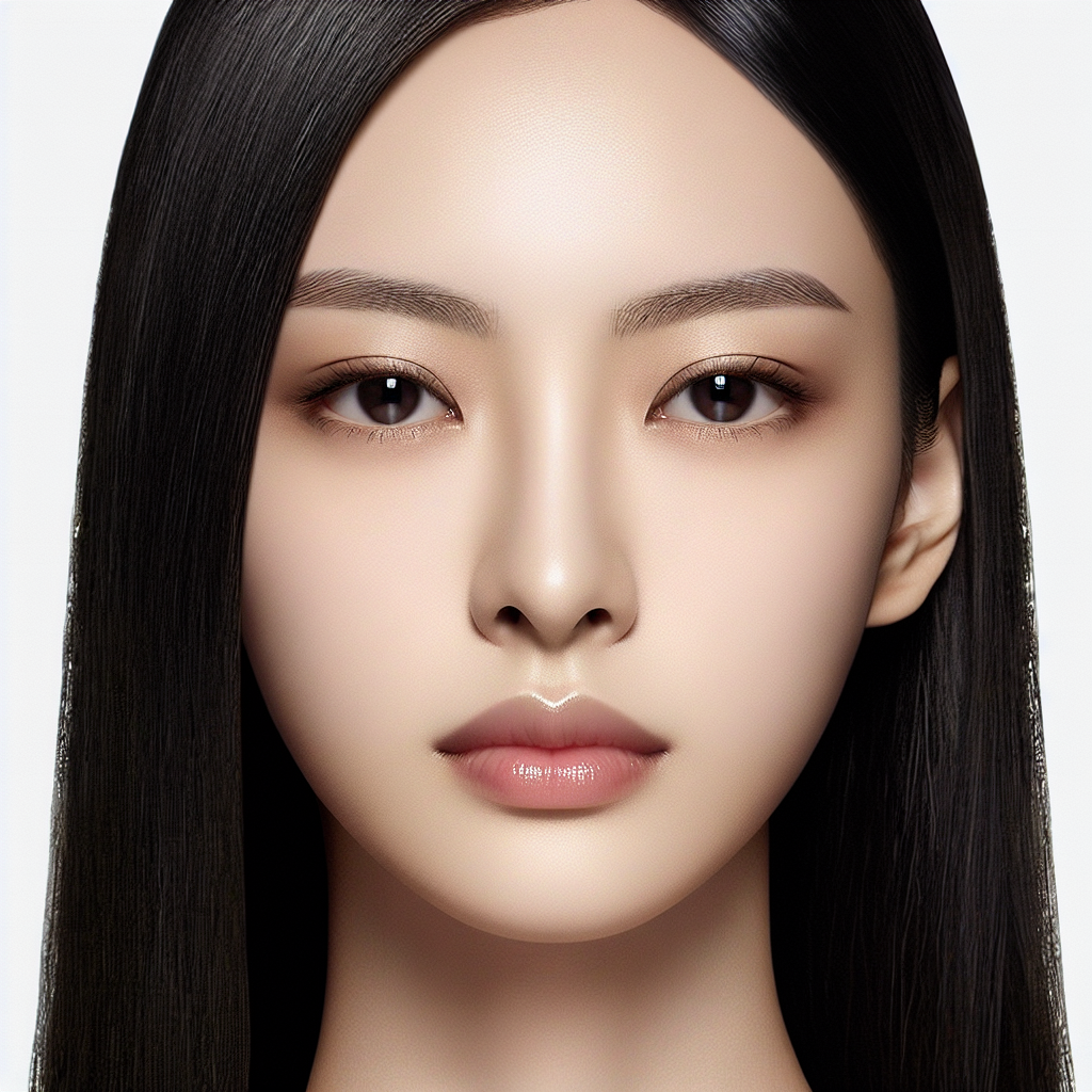 Create an image of a beautiful, modern Chinese woman with a serious expression, viewed from the front. She has a melon-seed shaped face and very fair skin. Her eyes are almond-shaped, her lips are small, and she has long, straight, black hair.