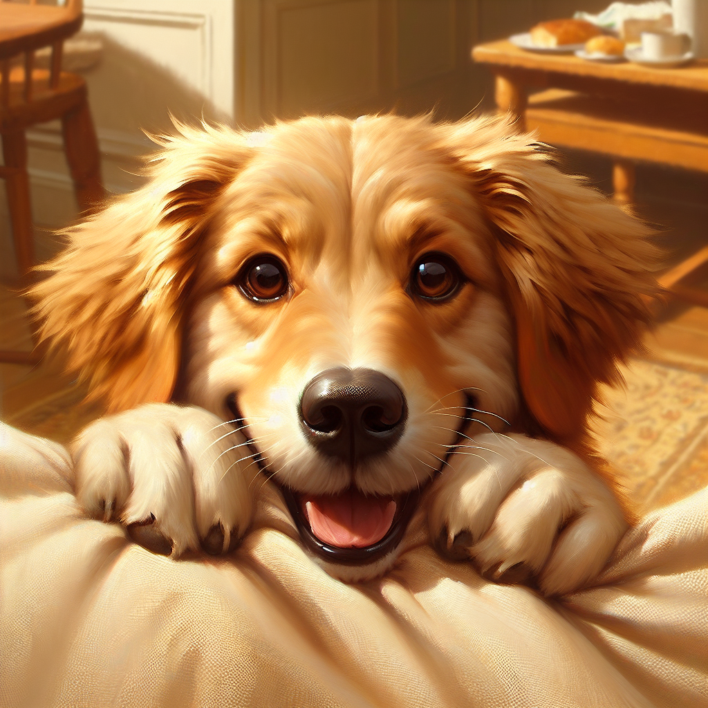 Create an image of a mischievous Golden Retriever. The dog has a playful glint in its eyes, fluffy golden fur glistening in the sunlight. It seems to be caught in an act of naughtiness - perhaps sneaking a snack from the table or playfully tearing up a pillow. The background is a friendly household setting, hinting at the everyday adventures that this playful pup gets into.