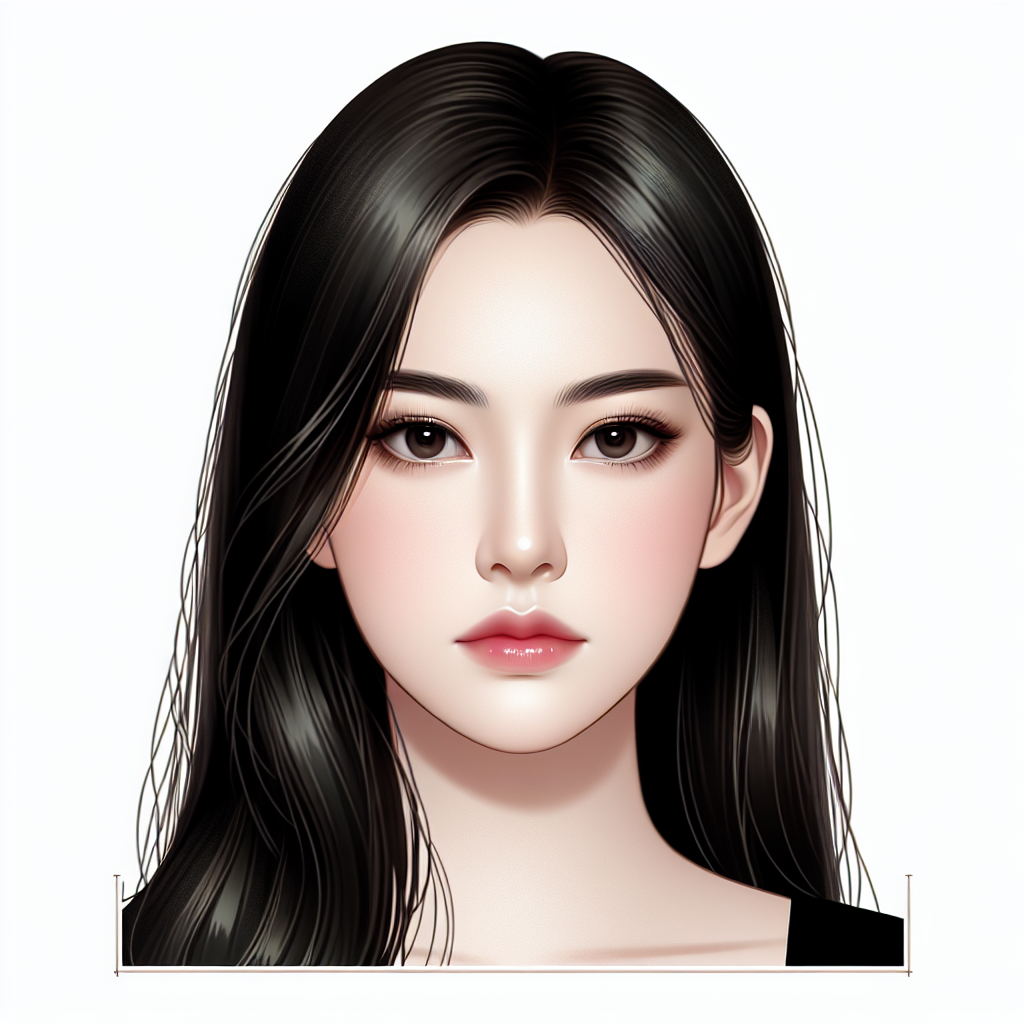 Create a beautiful and serious modern Chinese woman's portrait. She has an oval face, extremely fair skin, almond-shaped eyes, small lips, and long, straight, black hair.