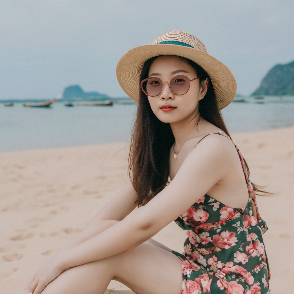 a pretty Asian woman sitting on the beach, looking at the camera, photo, hd