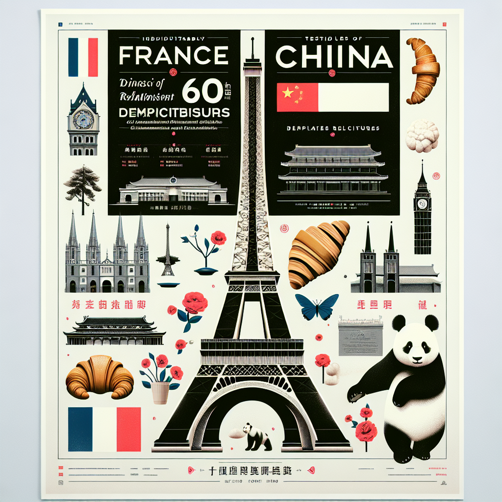 Create a poster that celebrates the 60th anniversary of the establishment of diplomatic relations between China and France. The poster should feature a series of lectures on French culture, prominently highlighting symbols of both nations. Include elements indisputably associated with France and China — like the Eiffel Tower, croissants, the Great Wall, and pandas. Arrange these elements creatively and aesthetically, with both simplicity and elegance embodied in the design.