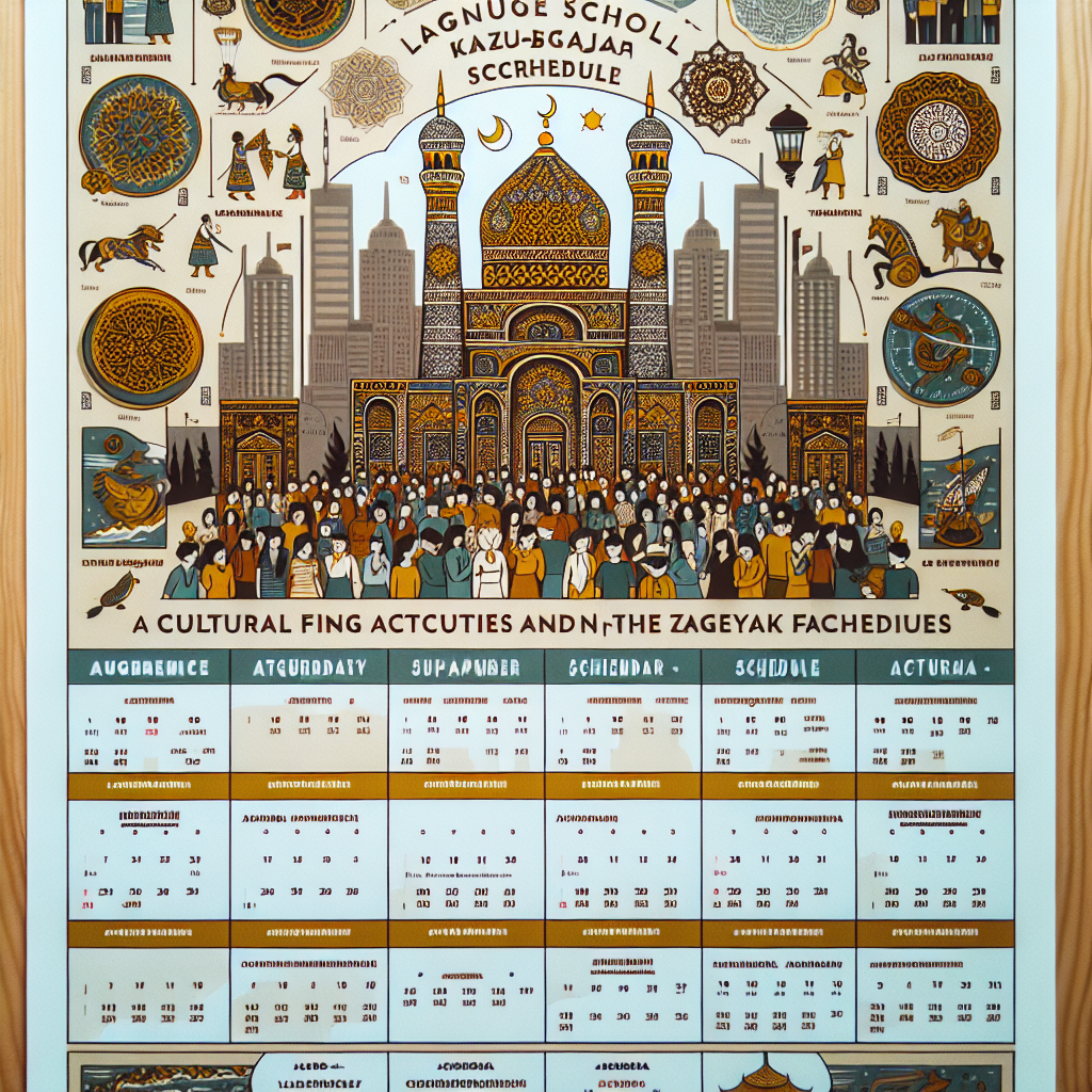 A cultural events and schedule poster for a language school that also holds periodic cultural activities and thematic festival days. The poster includes a detailed activities calendar. Each event is designed to be a deep exploration of Kazakh culture, providing unique cultural experiences for attendees.