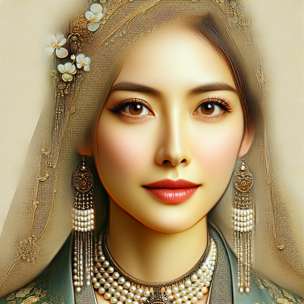 Generate a portrait-oriented image of a traditional and elegant woman, with a finely detailed face. The image should present a full view of her body.