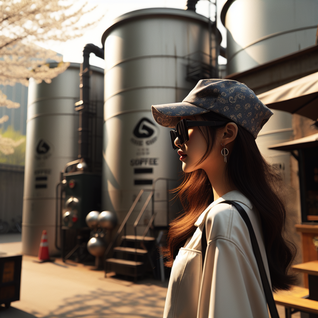 In the radiant afternoon of springtime, an East Asian girl, tall and slightly plump with long hair, is pictured. She is sporting sunglasses and an artistic cap, her side profile facing the camera with a small bag behind her. She stands before a coffee shop that bears a resemblence to an oil storage tank, imbuing the scene with an aura of technology. The girl's side profile as she casts a glance back has been captured. The entirety of the girl's silhouette should be visible, ideally placed in the center of the image.