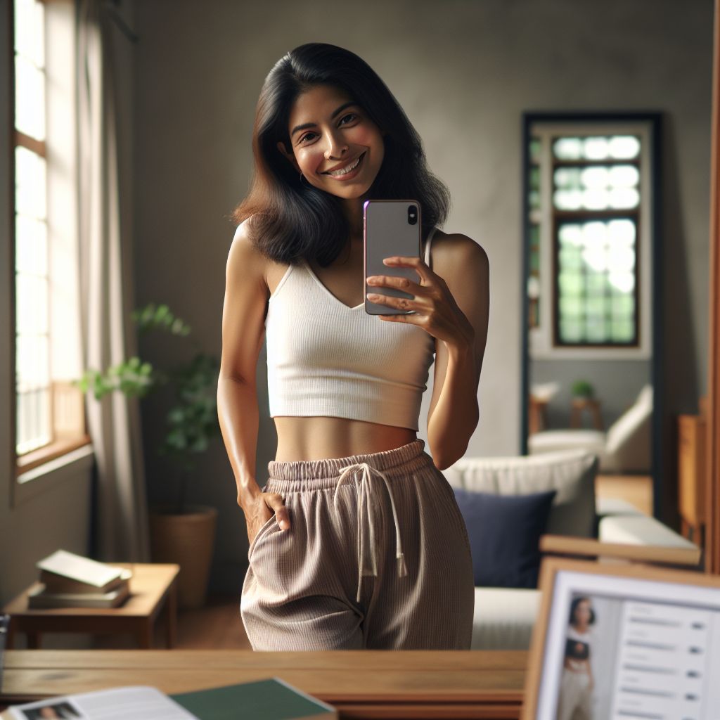 Create an image of an everyday scene depicting a South Asian woman taking a mirror selfie showcasing her physique. She's dressed casually in comfortable at-home clothes. The surroundings reflect simple elements of domesticity: a well-kept room with light entering from a nearby window, mundane objects of daily use like books or a laptop in the background, bringing a touch of realism to the scene. The reflection in the mirror reveals her light smile, expressing self-love and body positivity.