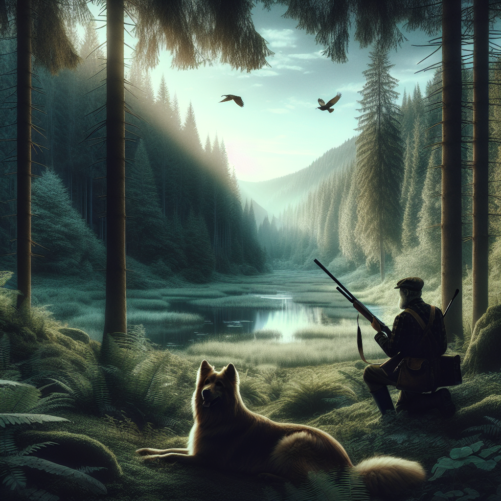 Create a realistic style image inspired from Turgenev's 'Hunter's Notes', depicting a tranquil Russian virgin forest. The scene encompasses a hunter holding a gun, accompanied by a hunting dog. The vast, serene forest serves as their backdrop, creating a quiet, tranquil atmosphere.