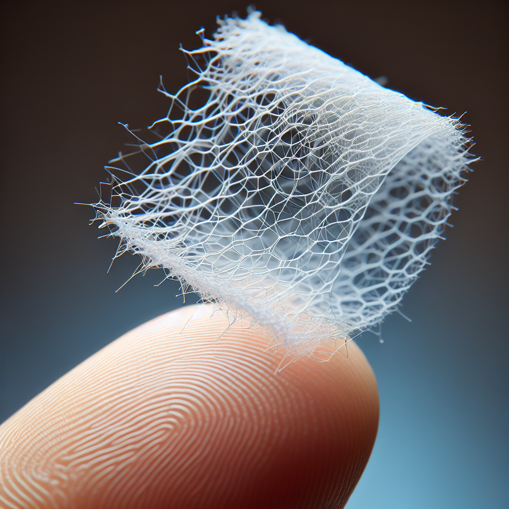 A small piece of polyurethane nanofiber mesh created through electrospinning