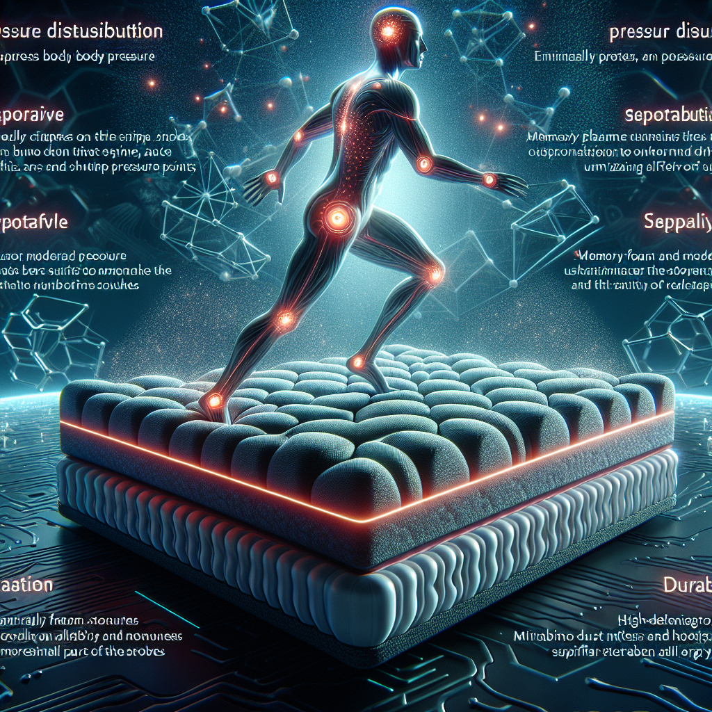 Generate an image that brings to mind futuristic technology to advertise an amazing memory foam. The memory foam features: 1. Pressure distribution: evenly disperses body pressure, minimizing stress on specific body parts such as the spine, hips, and shoulders to avoid pressure points. 2. Supportive: the material changes shape under pressure to match the user's body shape and weight, providing exceptional support and helping maintain the natural curvature of the spine. 3. Comfort: the memory foam is soft, very comfortable to use, and aids in relaxation for improved sleep quality. 4. Temperature sensitivity: memory foam softens or hardens with body temperature, providing a comfort zone with temperature regulation. 5. Motion isolation: memory foam absorbs vibrations and movement to minimize disruption to other part of the bed, this helps in undisturbed sleep especially for couples. 6. Durability: high-density foam material ensures longevity and keeps its shape over time. 7. Hypo-allergenic: generally unfriendly to dust mites and other allergens, mitigating allergy sources, suitable for users with allergies.
