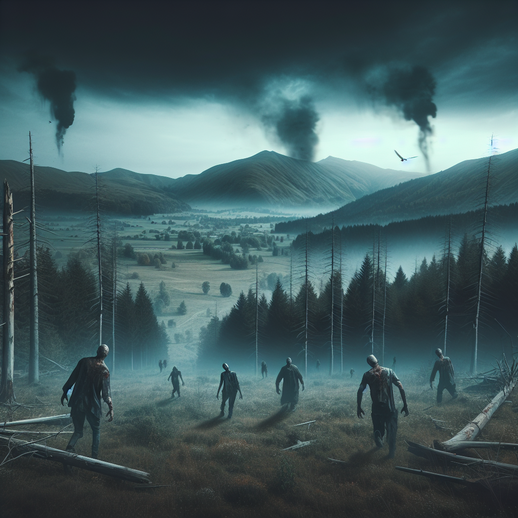 Create a realistic depiction of a post-apocalyptic world. The scene displays a desolate landscape being overrun by zombies. The eerie deserted forests should detail the scare and hopelessness of the post-apocalypse.
