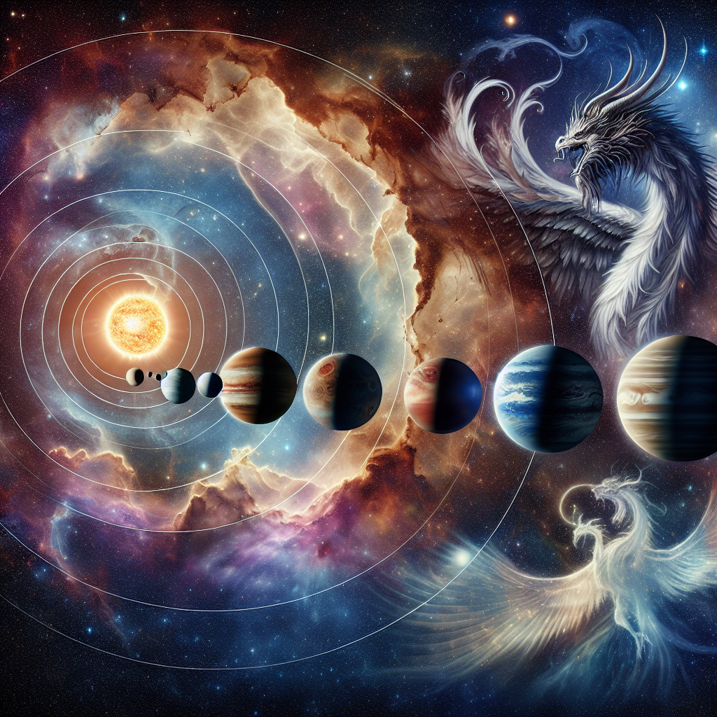 Eight major planets following the sun orbiting in a spiral through the cosmos, with the ethereal shadows of a celestial dragon and phoenix intertwined in the backdrop. Further away, a magnificent nebula gracing the celestial panorama.
