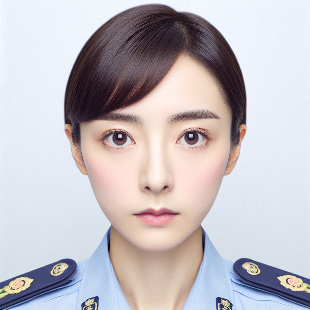An image that aligns with the image of a young and beautiful Chinese policewoman as seen in movies. She has an oval face, almond-shaped eyes, and delicate fair skin. The focus should be on her face, making sure it is clearly visible.