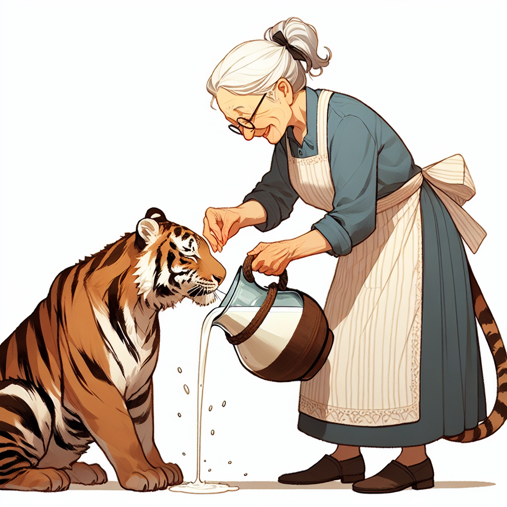 A kind-hearted elderly woman of Western descent, her hair pulled back in a ponytail, is depicted wearing an apron and holding a long handled pot brimming with milk. She extends the pot towards a gentle tiger, who laps at the milk contentedly. This warm and touching scene underscores the harmonious relationship and mutual trust that exist between the lady and the tiger, challenging usual notions of human-animal interactions.