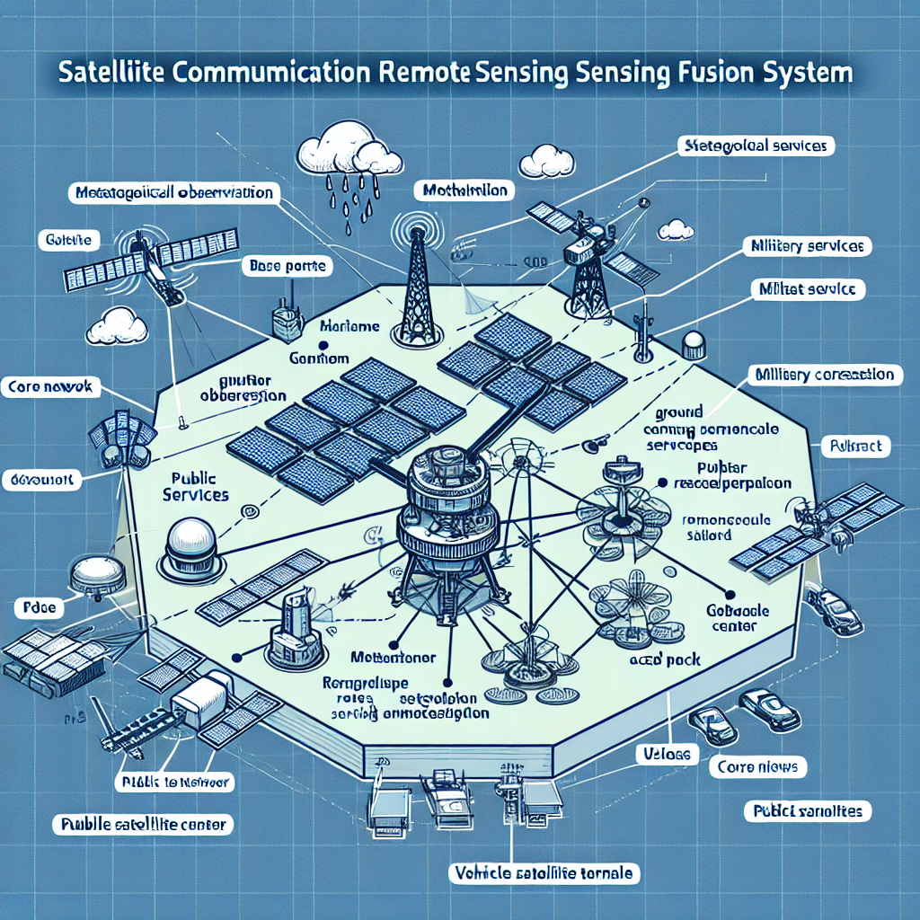 Draw a 2D schematic diagram showing the structure of a satellite communication remote sensing fusion system. This system should include elements such as a remote sensing fusion satellite, meteorological observation, maritime services, military reconnaissance, ground remote sensing center, core network, public data king, ground base station access point, remote sensing users, and a vehicle satellite terminal.