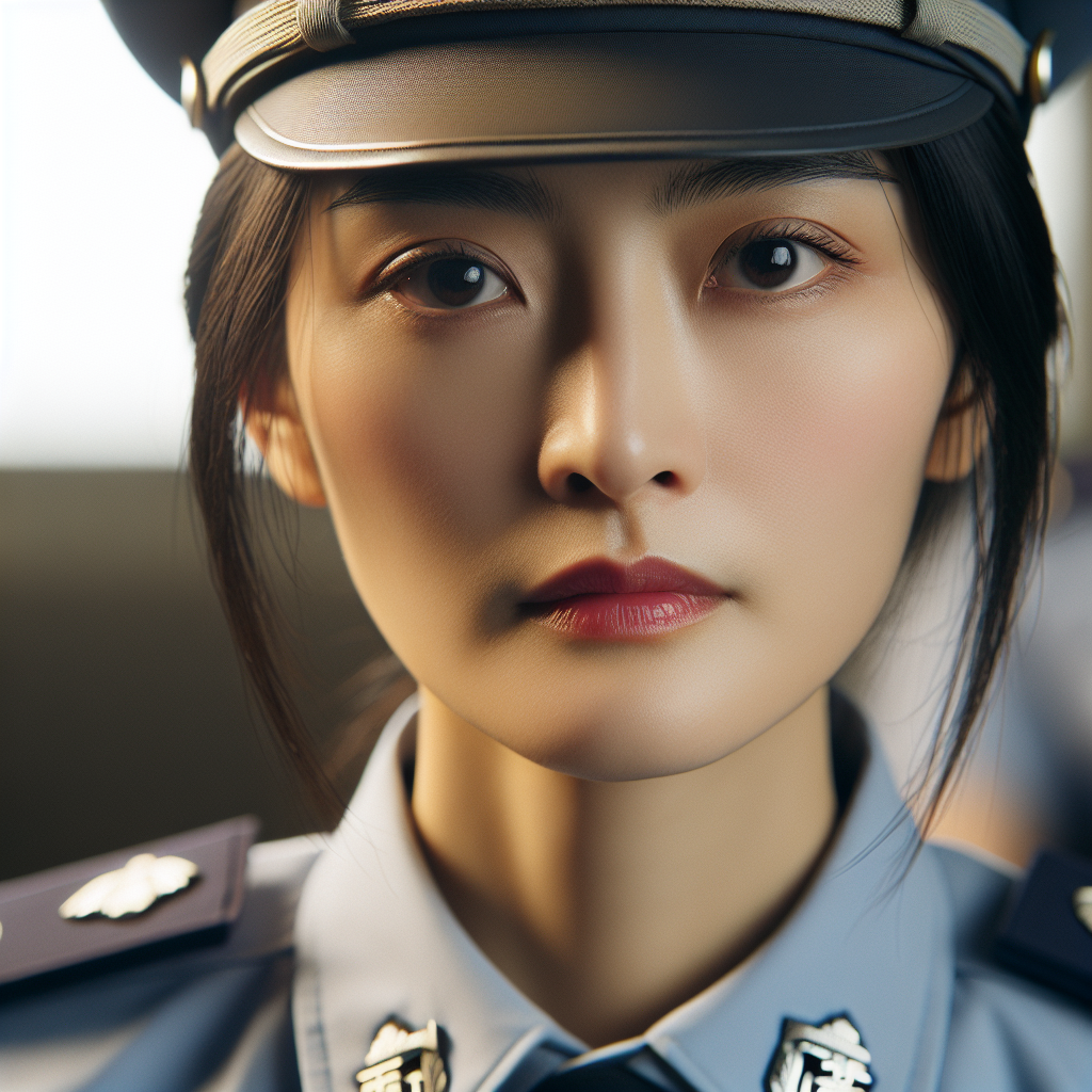 Image of a Chinese female police officer as typically depicted in movies, with the focus on her clear and well-lit face. She is wearing her uniform complete with a badge and hat. Her expression is firm and determined, reflecting the strength and courage that characterizes her profession.