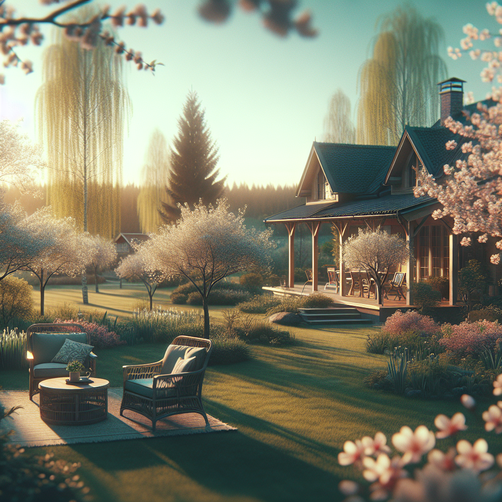 Generate a beautiful scenario that visually represents 'the arrival of spring' with a cinematic style. The image should have a deep depth of field and medium-close distance. It should emulate the look and feel of a photo taken with a Canon camera, with an 85mm focal length and an aperture of 1.4, giving an effect of a sunny day.