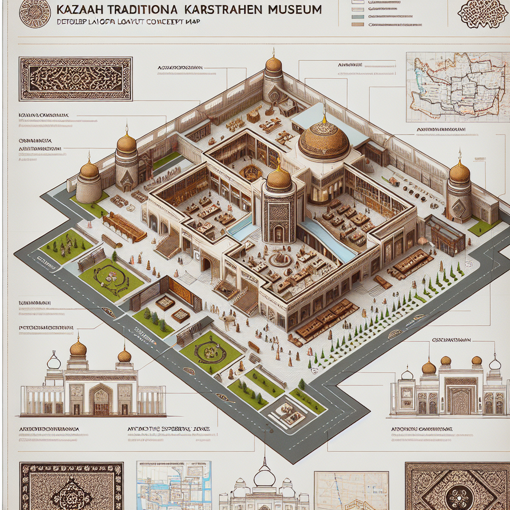 A detailed layout concept map of a Kazakh traditional Kormozi craftsmanship museum, featuring various exhibition areas, interactive experience zones, and service facilities.