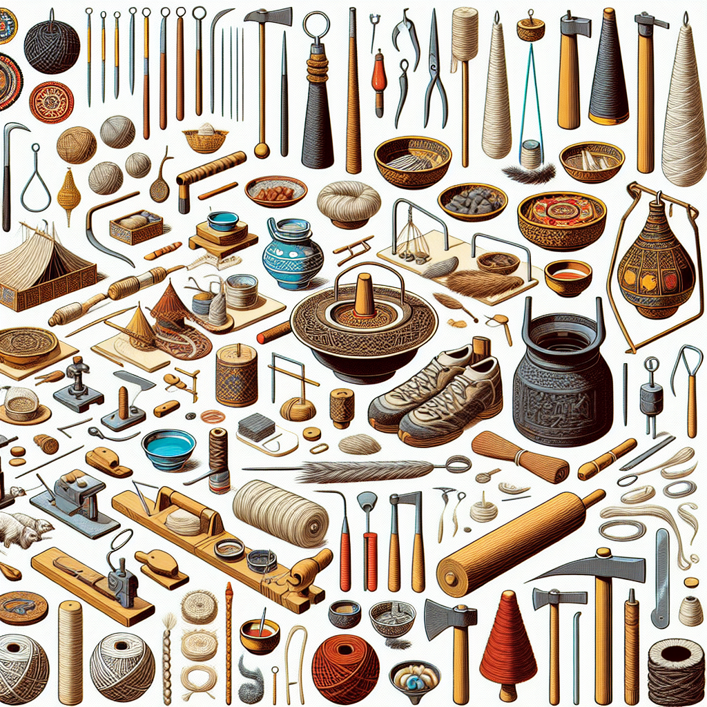 A comprehensive illustration of the various traditional tools and methods used by the Kazakh ethnic group in Xinjiang, China for the making of Kormoz.