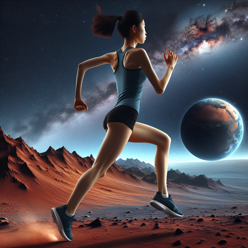 A tall, short-haired Chinese girl in athletic attire, passionately running on the surface of Mars. The dynamic action of her running must be depicted from a rear view only. In the background, a deep blue Earth and the profoundness of the starry cosmos are clearly visible.